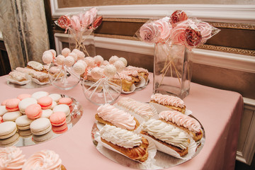 Fototapeta na wymiar French pastry, eclair, macaroon, cupcakes, meringue, pop cake. 