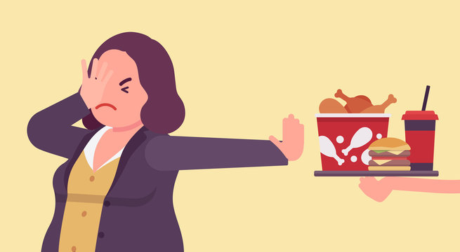 Junk Fast Food Refusal, Woman Restricting Herself. Saying No To Cheap, Tempting Calories, Dieting To Lose Weight, Prevent And Treat Diseases, Diabetes, Obesity. Vector Flat Style Cartoon Illustration