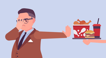 Junk fast food refusal, man restricting himself. Saying no to cheap, tempting calories, dieting to lose weight, prevent and treat diseases, diabetes or obesity. Vector flat style cartoon illustration