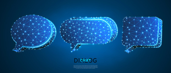 Dialogue, Chat clouds set. Wireframe, digital 3d vector illustration. Low poly technology, devices, people communication concept on blue neon background. Abstract polygonal Social Network symbol