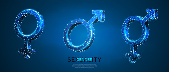 Male and female gender symbol set. Wireframe digital 3d vector illustration. Low poly, men and women, hetero-sexuality concept on blue neon background. Abstract polygonal LGBT sign