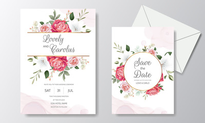 Beautiful Floral Wedding Invitation with Blooming Roses and Green Leaves