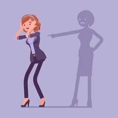Self-blame emotions, guilt and self-disgust woman. Stressful situation or depression, emotional abuse, shame, worry, unhappiness, responsible for fault or wrong. Vector flat style cartoon illustration