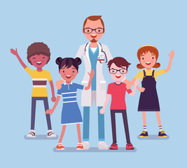 Male pediatrician doctor, medical practitioner for children. Professional physician, special training in kids care, to diagnose and treat childhood illnesses. Vector flat style cartoon illustration