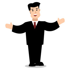 Male businessman in a business suit standing smiling with hands up, isolated on a white background - 316130403