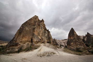 Unusual rocks of volcanic rock in the Sabel Valley (Kilichlar) near the village of Goreme in the Cappadocia region in Turkey.