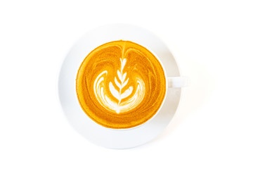 A cup of hot coffee latte on a white background at the coffee shop