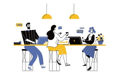 Coworking space with people sitting at the table. Male and female freelancers sitting at computers. Business team working together at the big desk using laptops. Colleagues in office flat vector illus