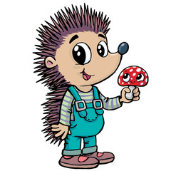 cute hedgehog farmer holds a mushroom that makes him smile