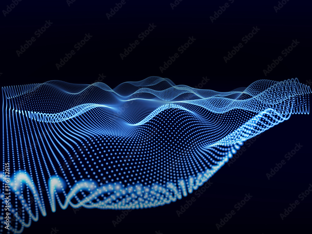 Wall mural abstract 3d grid with blue dots glow on black. technology abstract vector. future wave background.