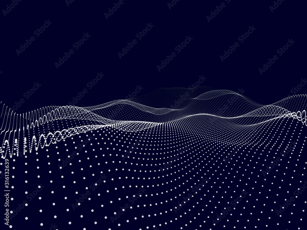 Wall mural abstract 3d grid with white dots on dark. technology abstract vector. future wave background.