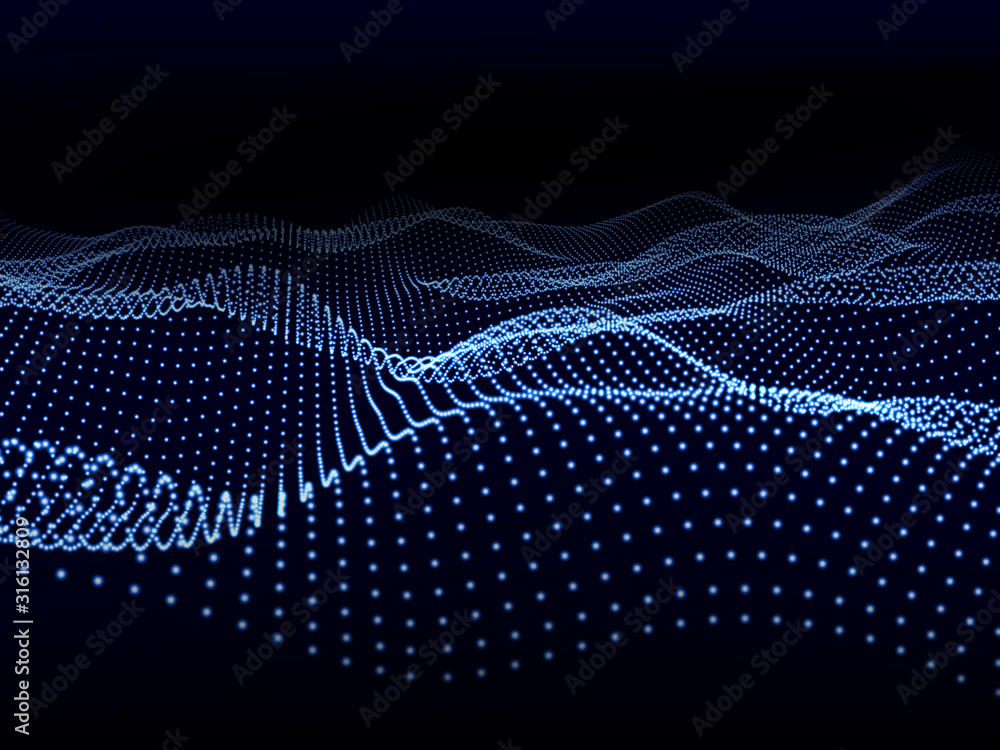 Wall mural abstract 3d grid with blue particles glow on black. technology abstract vector. future wave backgrou