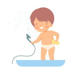 Little Boy Having Shower in Bathroom on His Own Vector Illustration