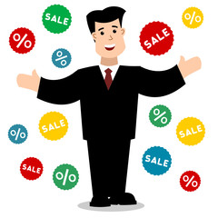 Businessman in business suit smiles holding up his hands stickers sale and percent are flying around - 316134639