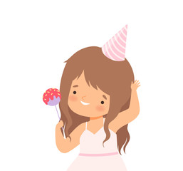 Little Girl Wearing Birthday Hat Holding Candy Vector Illustration
