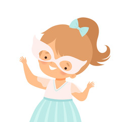 Little Girl Wearing Festive Mask Waving Hands Vector Illustration