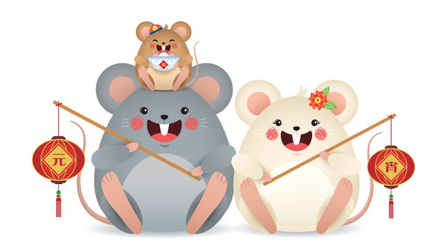 Chinese lantern festival or Yuan Xiao Jie. Cartoon mouse family holding lantern & sweet dumpling soup. 2020 year of the rat - chinese new year flat design. (caption: chinese lantern festival)