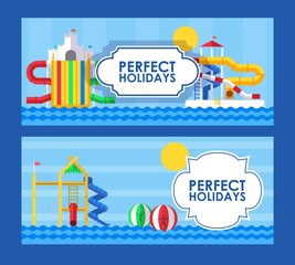 Water park banner in flat style, vector illustration. Perfect summer holidays in aqua park, fun vacation for family with children. Water attractions ticket template