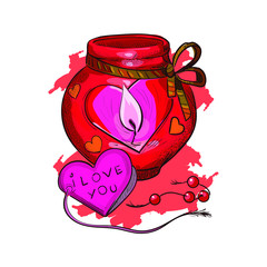 Lantern lamp with burning heart candle isolated sketch. Vector illustration of postcard on February 14, gift present on romantic party, burning symbol of love St. Valentine's day holiday greeting card