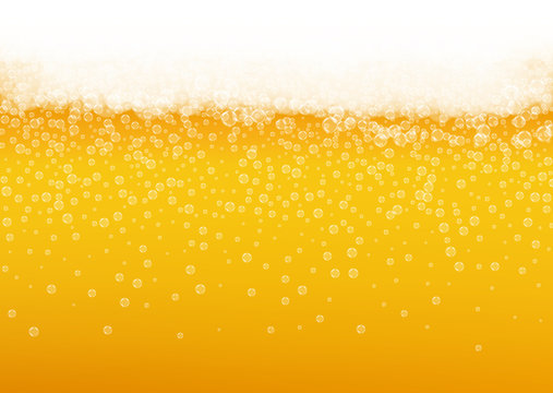 Splash beer. Background for craft lager. Oktoberfest foam. Cold pint of ale with realistic white bubbles. Cool liquid drink for pab flyer layout. Yellow glass with splash beer.