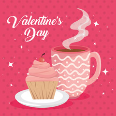 happy valentines day card with cupcake and cup coffee
