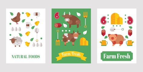 Obraz premium Farm product banner, vector illustration. Set of flat style cards with farm animals and natural organic food from local farmers. Cow, sheep, pig and chicken, fresh meat
