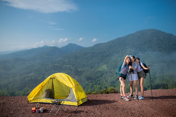 Fototapeta premium Group of asian woman hiker taking photo