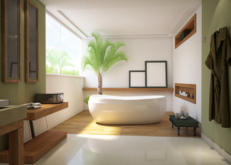 Modern tropical style Bathroom interior design,white bathtub on wood, 3D render