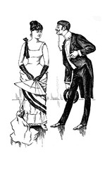 German satirical magazine, gentleman with monocle and waxed moustache flirts with a young woman with elegant evening gown and fan