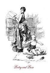 German satirical magazine, on family life, poetry and prose: young mother fancy dressed try to concentrate on a book while her toddler cries in a blind rage of tantrum