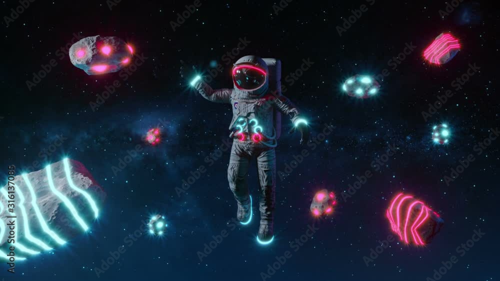 Wall mural astronaut with neon lights asteroids in space. space background. retro dance party. seamless loop