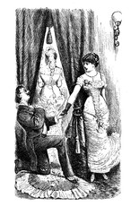 German satirical magazine, unrequited love at the party: a dapper gentleman declares his love kneeling in front of an embarassed and surprised young woman