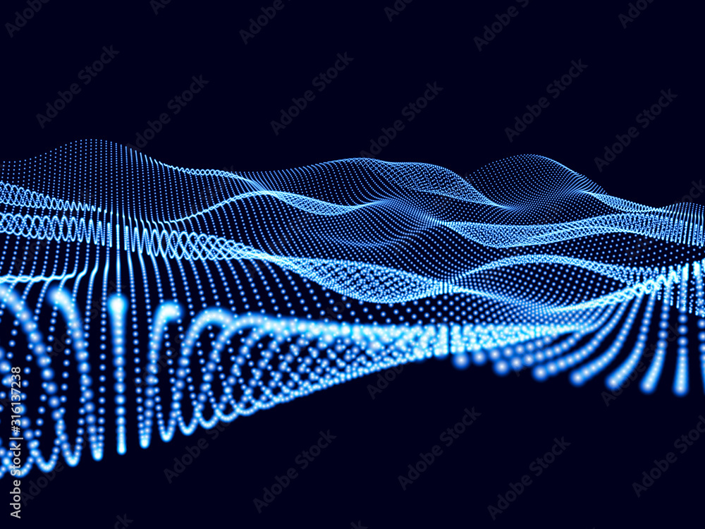 Wall mural abstract 3d grid from blue dots on black. technology abstract vector. future wave background.