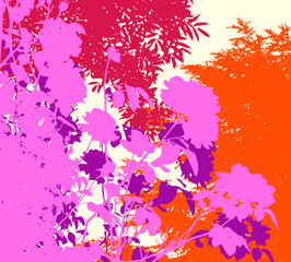 Colorful vegetal illustration with flowers and foliage in vivid colors. Warm summer tones.