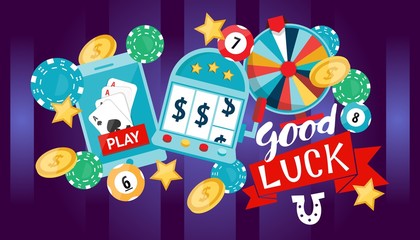 Gambling symbols and gaming icons in advertisement poster, vector illustration. Flat style background for casino, typographic text good luck. Gambling club invitation