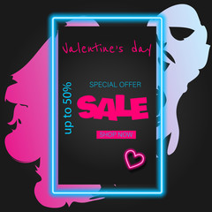 Glow Signboard. Sale banner. Valentine's Day Greeting Card Template. Shiny Neon Light Style Lettering. Holiday Flyer, Banner, Label. Vector 3d Illustration.