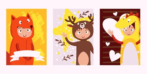 Children in costumes of animals, set of banners, kids party vector illustration