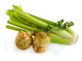 green stems and white bulb of various celery vegetable