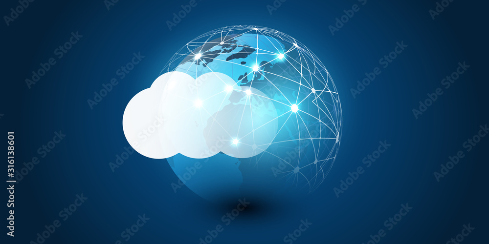 Poster cloud computing design concept - digital connections, technology background with earth globe, world 