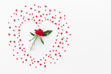 Valentine Day background . Rose hearts ring natural creative composition top view background with copy space for your text. Flat lay.