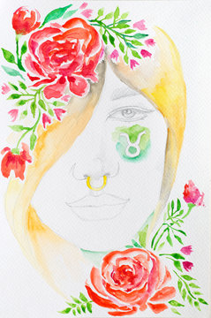 Watercolor woman portrait with pink flowers. Taurus zodiac sign.