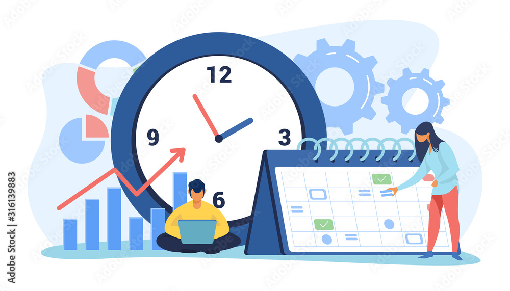 Poster timing and project scheduling. managers working near calendar with marks and clock flat vector illus