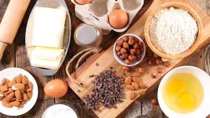 baking ingredient with butter, flour, egg, chocolate- cake ingredient recipe