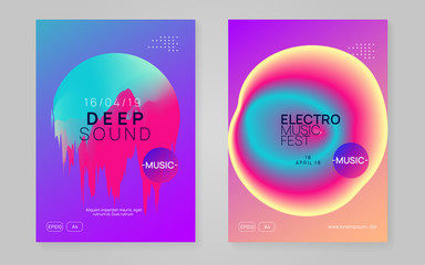 Music poster set. Modern techno party invitation design. Fluid holographic gradient shape and line. Electronic sound. Night dance lifestyle holiday. Summer fest flyer and music poster.