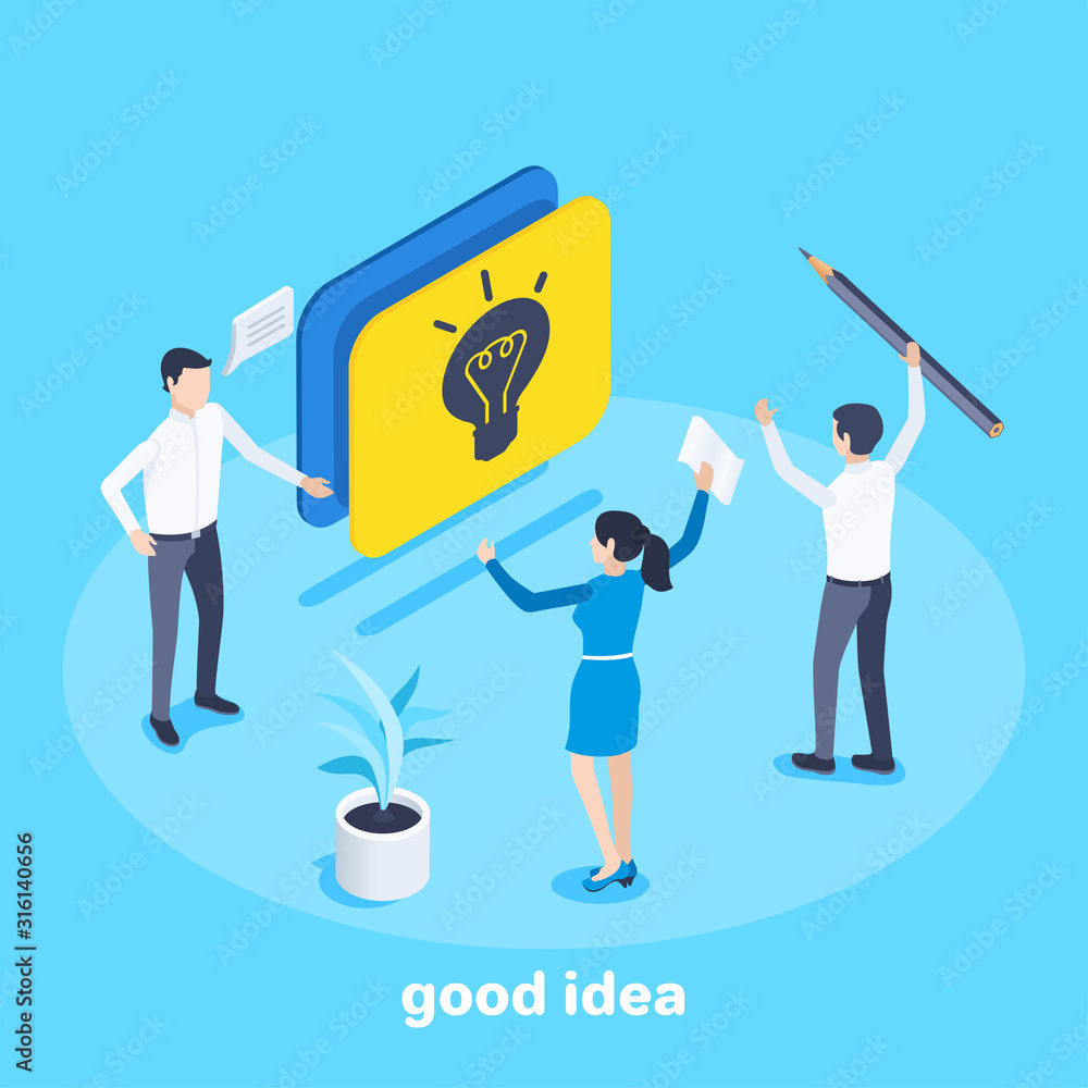 Poster isometric vector image on a blue background on the theme of business, a man presents a screen with t