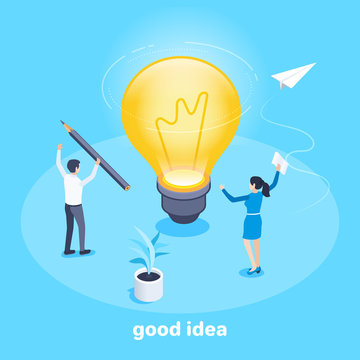 isometric vector image on a blue background on the theme of business, a man and a woman are standing near a large luminous bulb, a good idea or solution