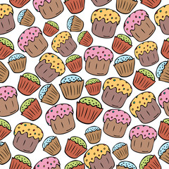 Seamless pattern with hand drawn colorful Easter cakes on a white background. It can be used for decoration of textile, paper and other surfaces.