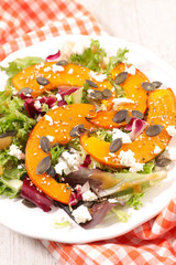 vegetable salad with roasted pumpkin slices, cheese and lettuce
