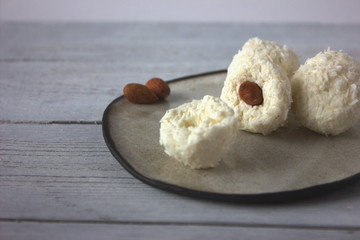 coconut energy balls with almond. Low carb diet concept. Healthy sugar free recipe. 