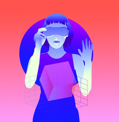 Woman wearing virtual reality headset, consept of futuristic immersive and interactive education or gaming. Cyberpunk retrofuturistic style illustration with neon vibrant color accents.